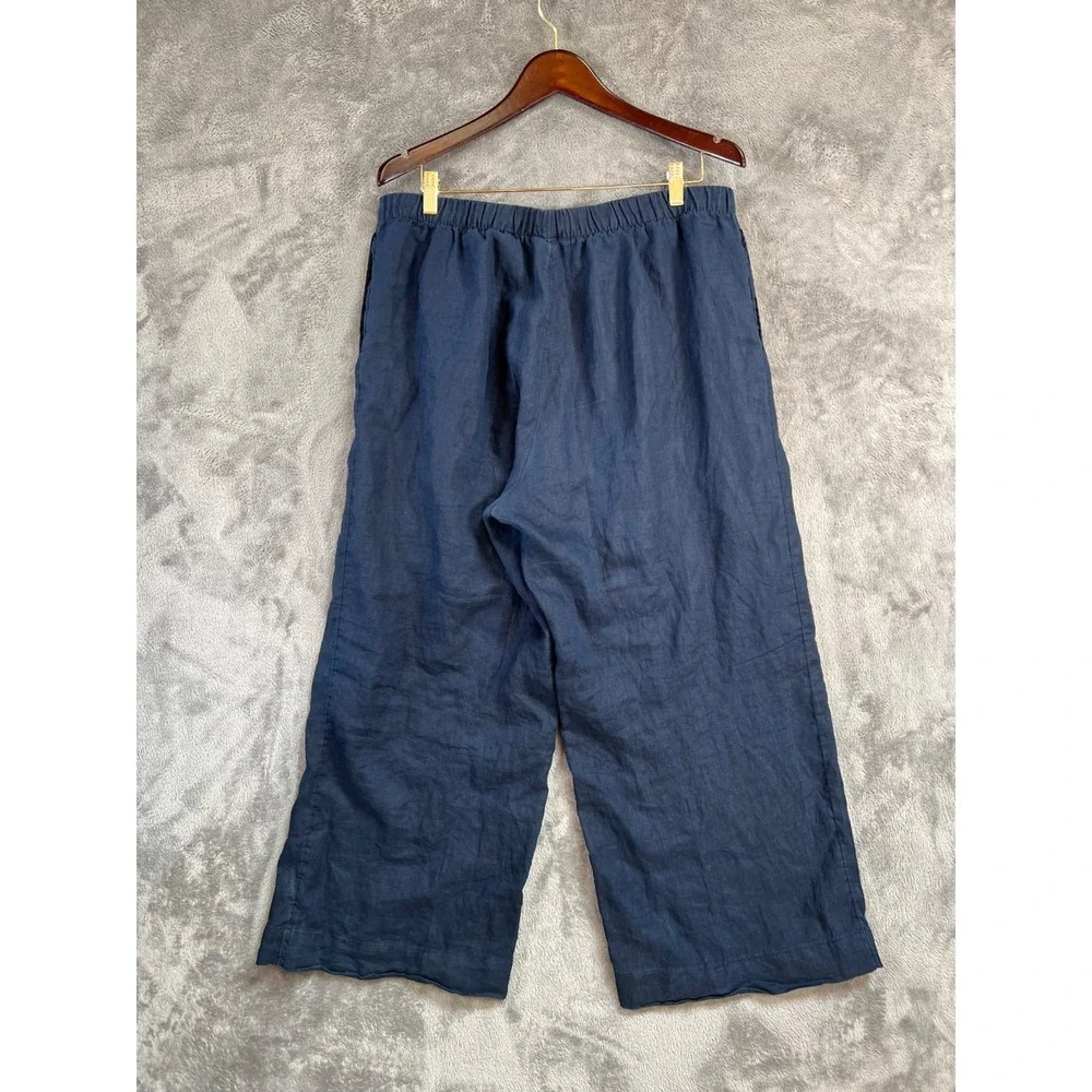 H&M Linen Wide Leg Pants Womens Large 34x26 Navy Blue Lightweight Pull On